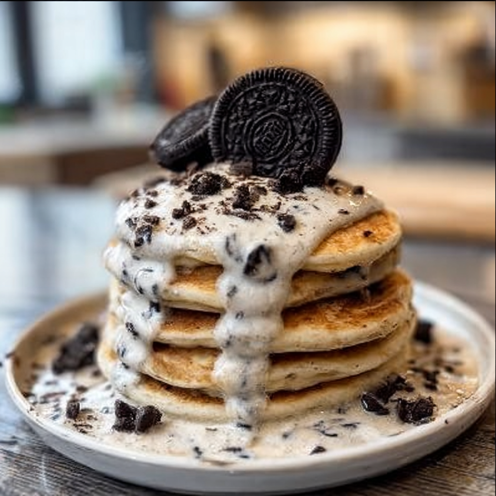 Recipe preparation for Fluffy Cookies and Cream Oreo Pancakes