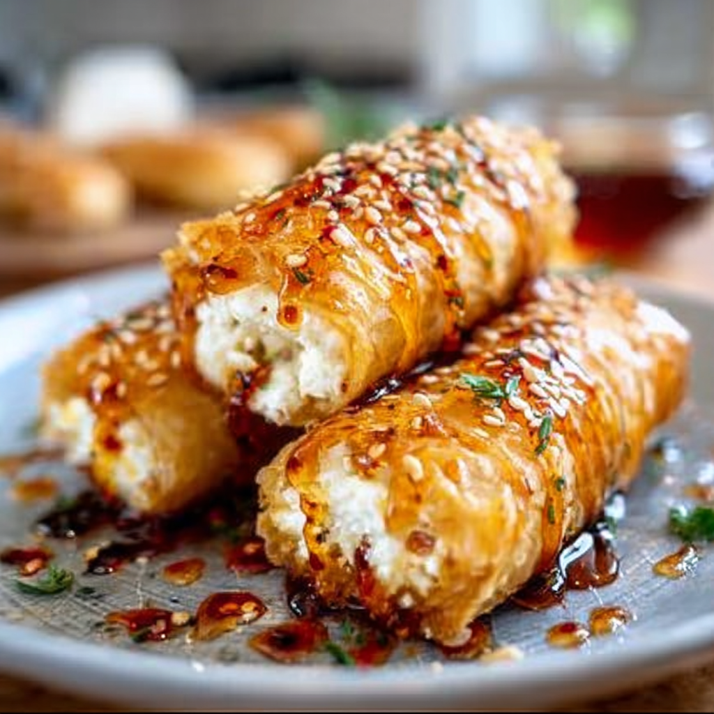 Recipe preparation for Oven-Fried Feta Rolls with Spicy Chili Honey