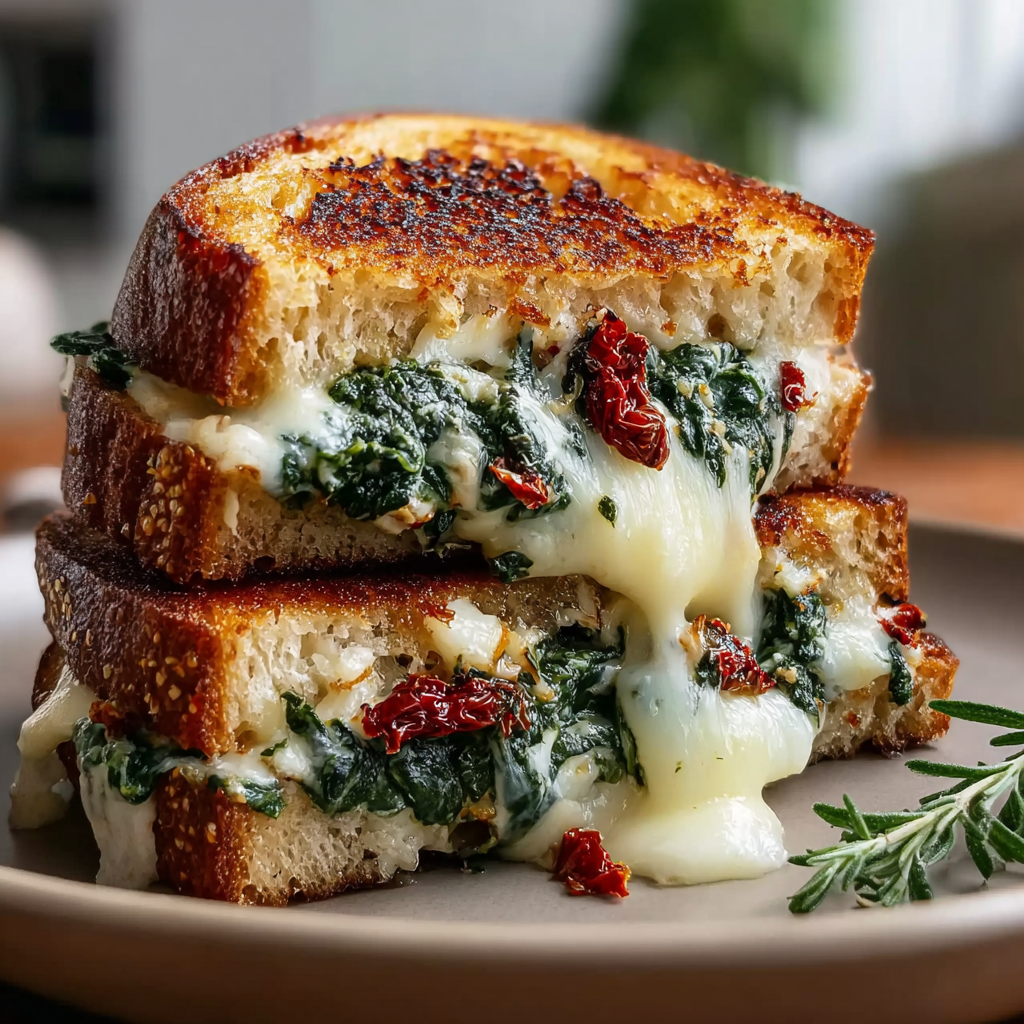 Recipe preparation for Grilled Cheese with Sun-Dried Tomatoes Spinach and Creamy Ricotta Filling