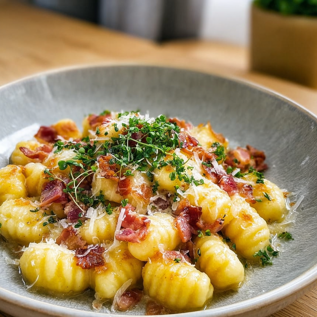 Recipe preparation for Gnocchi Carbonara with Bacon & Parmesan