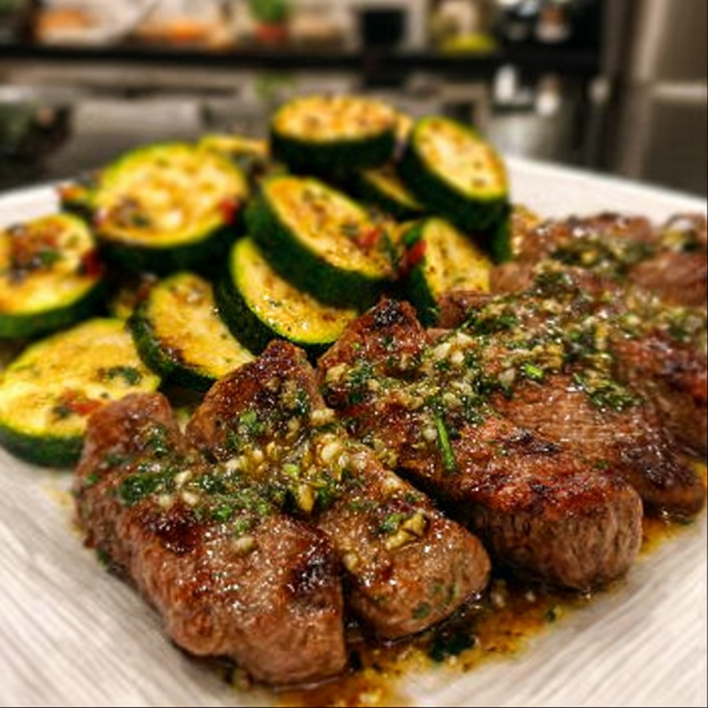 Recipe preparation for Effortless Garlic Butter Steak & Zucchini Delight